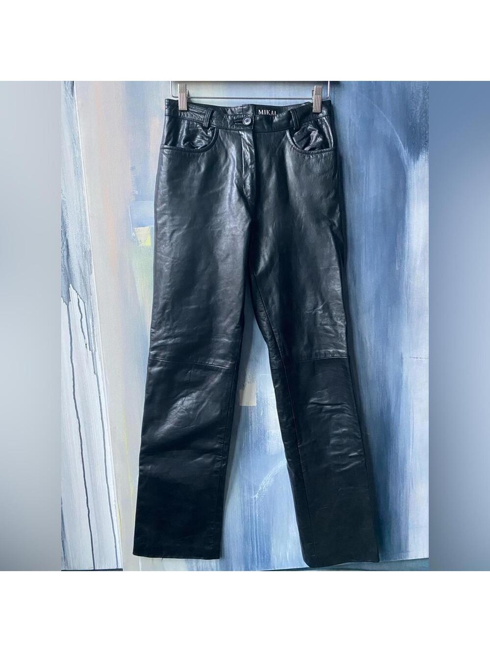 Vintage MIKAI Black Leather Pants High Waist Straight Leg 6 - Picture 2 of 9